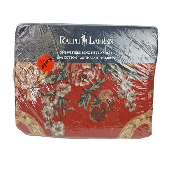 Ralph Lauren VTG Western KING Danielle Floral Red Fitted Sheet 200 Cotton NIP - Picture 1 of 6